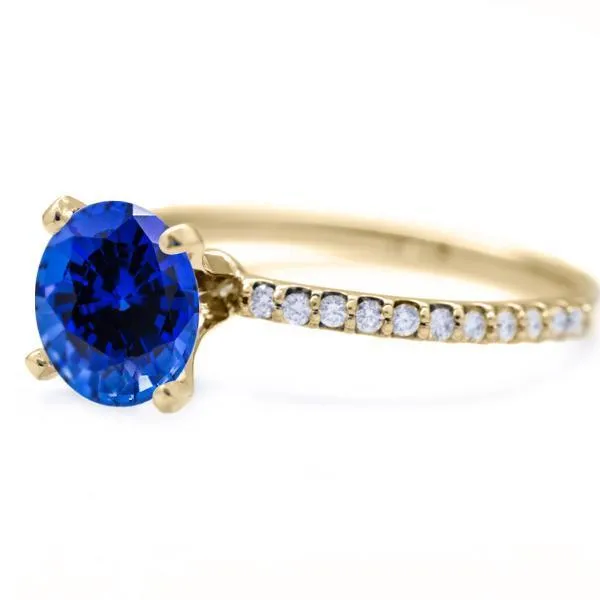 Round Blue Sapphire 4 Prongs Diamond Accent Ice Solitaire Ring