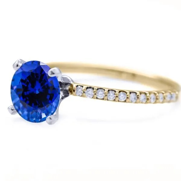 Round Blue Sapphire 4 Prongs Diamond Accent Ice Solitaire Ring