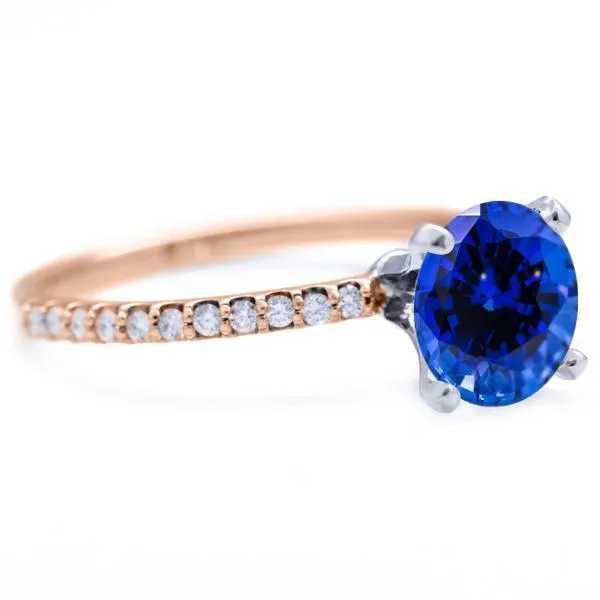 Round Blue Sapphire 4 Prongs Diamond Accent Ice Solitaire Ring