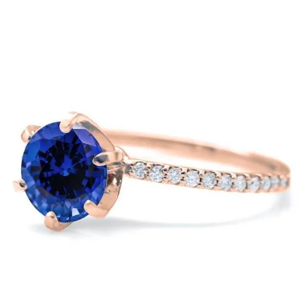 Round Blue Sapphire 4 Prongs Diamond Accent Ice Solitaire Ring