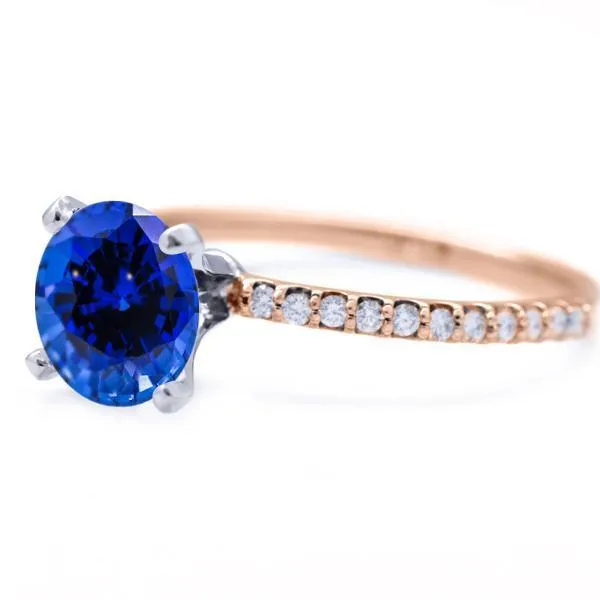 Round Blue Sapphire 4 Prongs Diamond Accent Ice Solitaire Ring