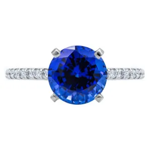 Round Blue Sapphire 4 Prongs Diamond Accent Ice Solitaire Ring