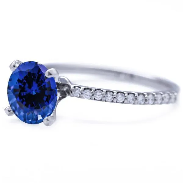 Round Blue Sapphire 4 Prongs Diamond Accent Ice Solitaire Ring