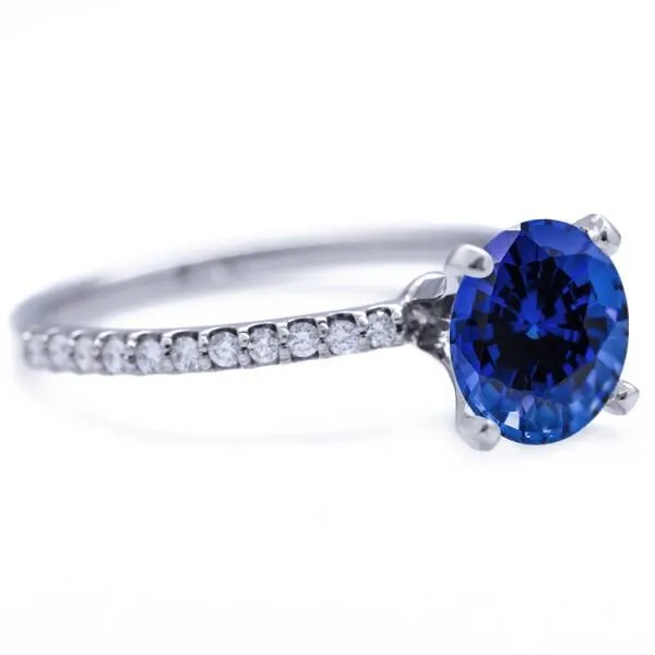Round Blue Sapphire 4 Prongs Diamond Accent Ice Solitaire Ring