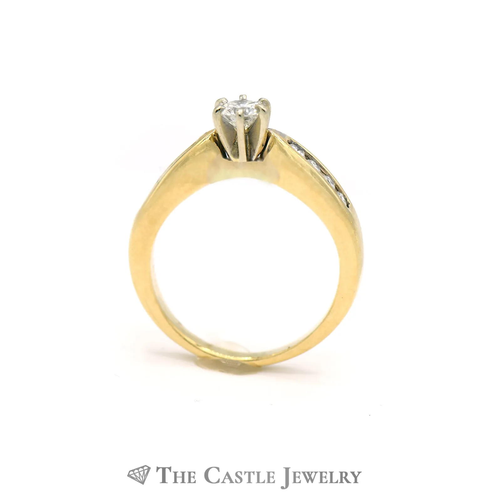 Round Brilliant Cut Diamond Engagement Ring with Channel Set Round Diamond Sides