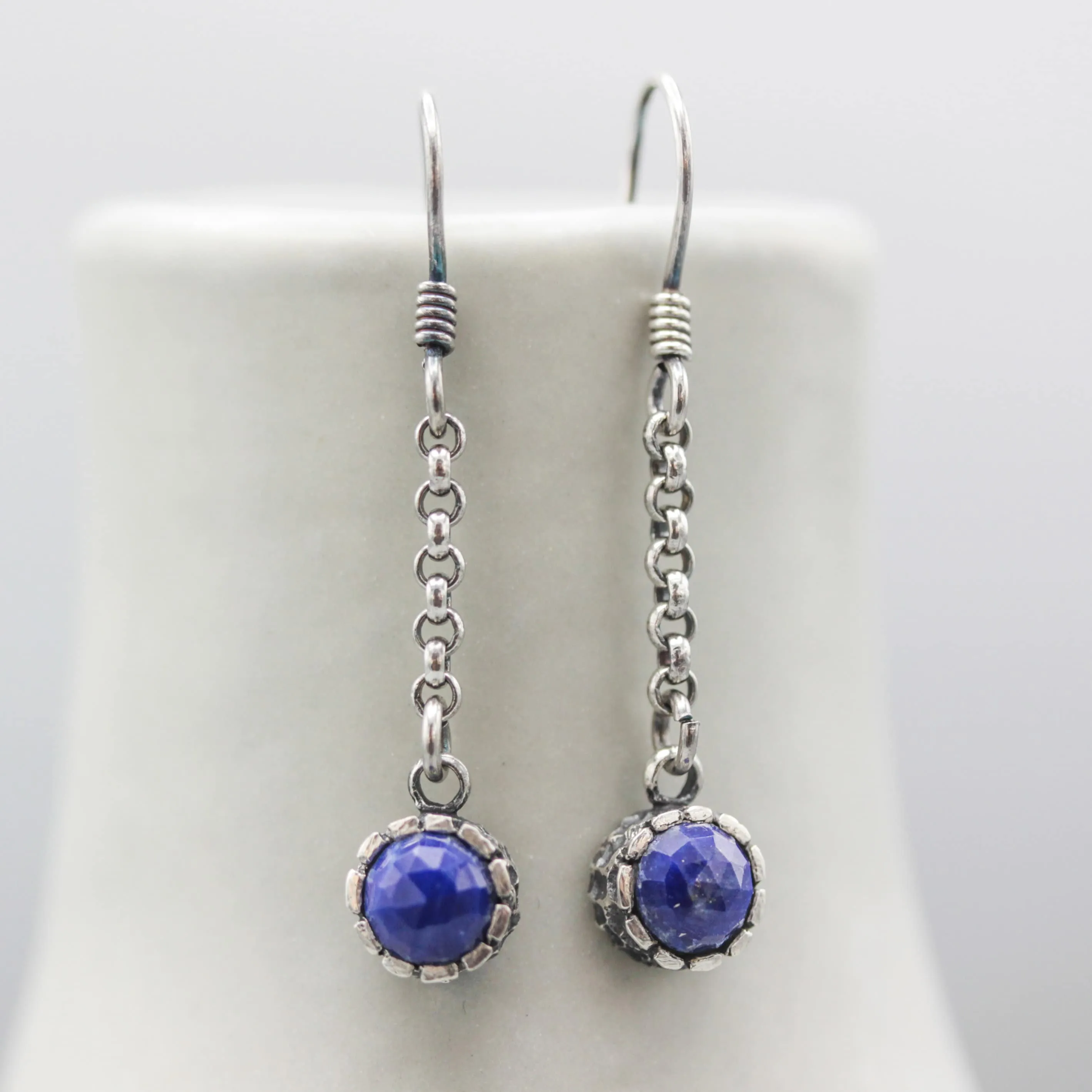Round Lapis Lazuli earrings in silver bezel setting with silver chain and oxidized sterling silver hooks
