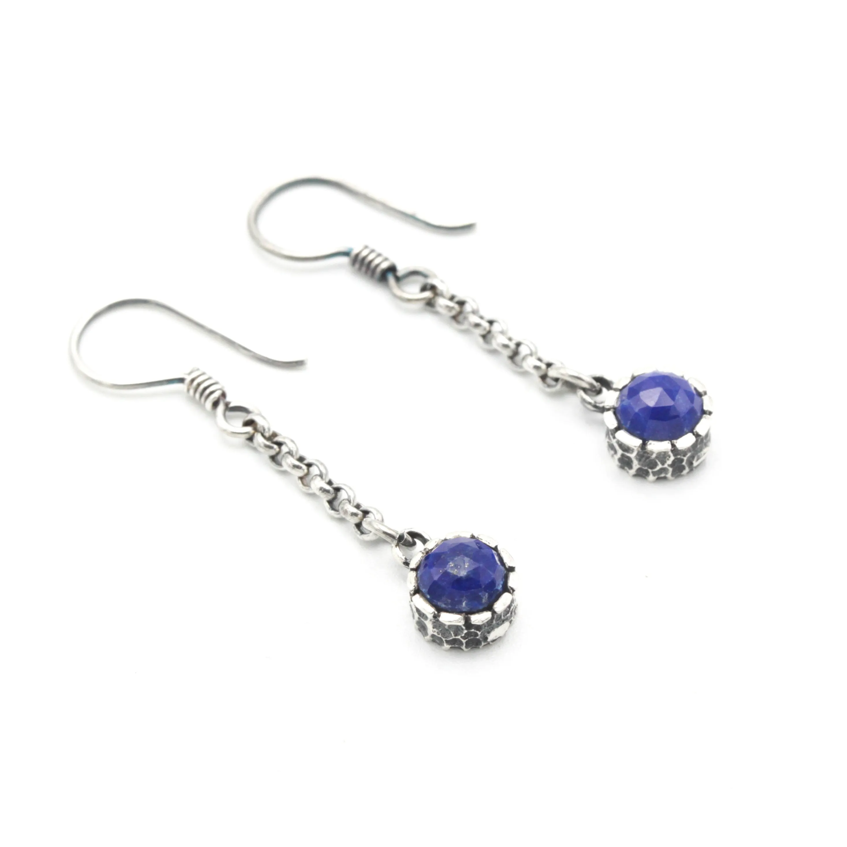 Round Lapis Lazuli earrings in silver bezel setting with silver chain and oxidized sterling silver hooks