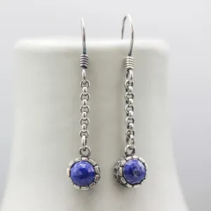 Round Lapis Lazuli earrings in silver bezel setting with silver chain and oxidized sterling silver hooks