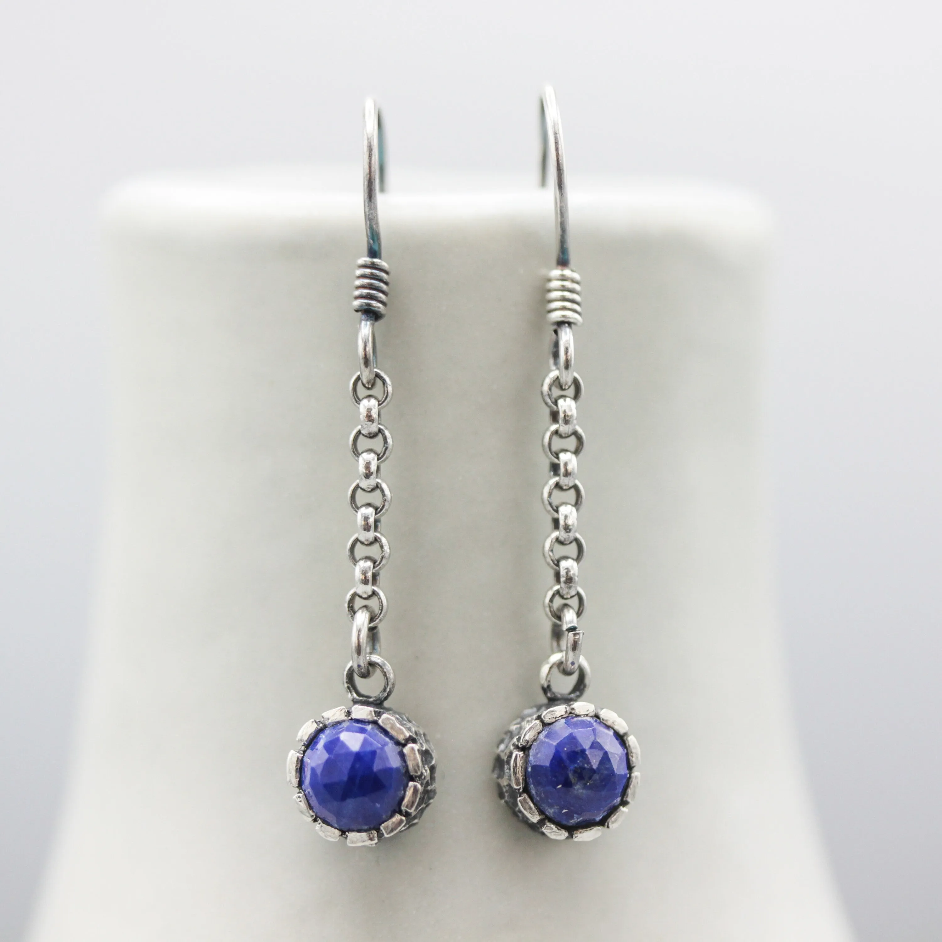Round Lapis Lazuli earrings in silver bezel setting with silver chain and oxidized sterling silver hooks