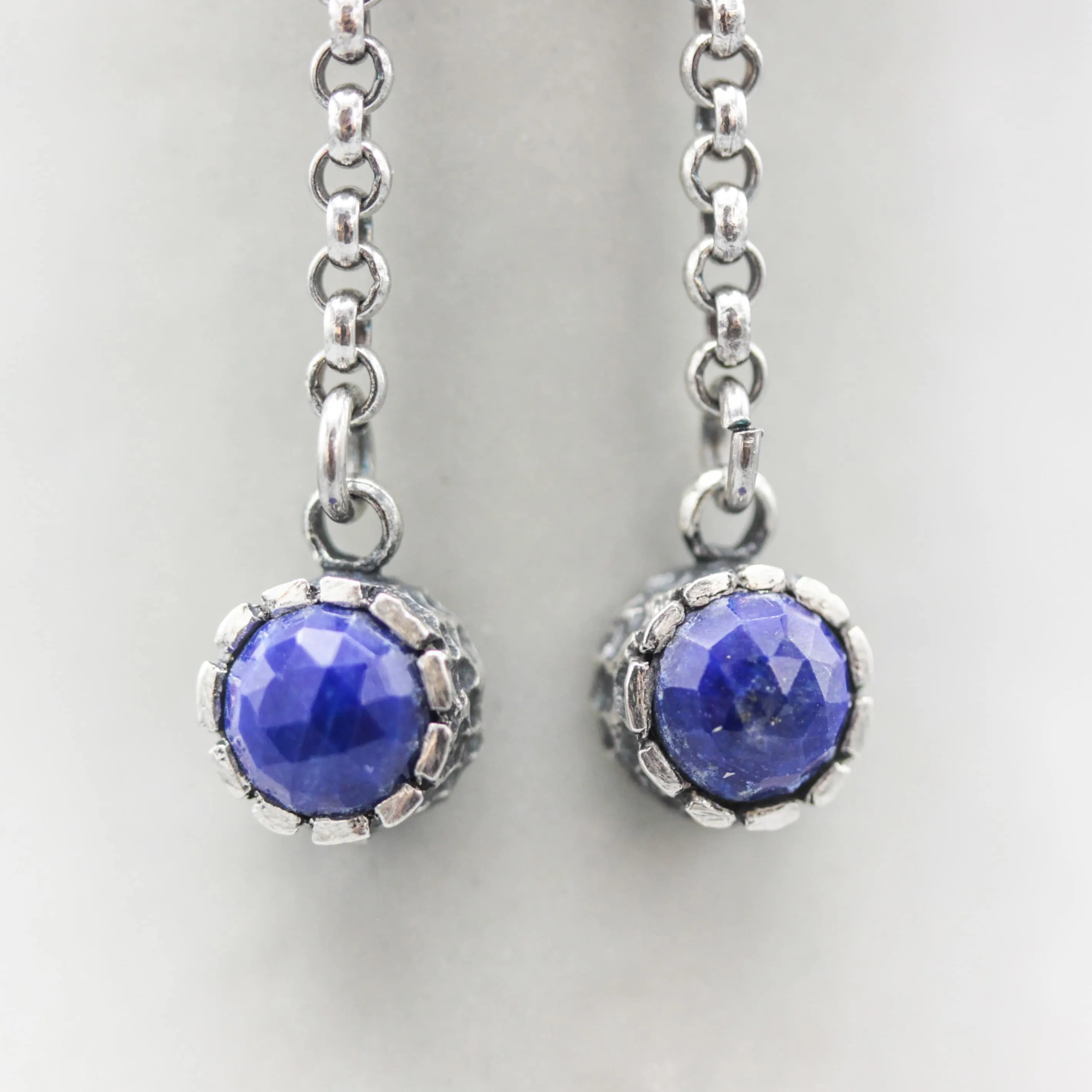 Round Lapis Lazuli earrings in silver bezel setting with silver chain and oxidized sterling silver hooks
