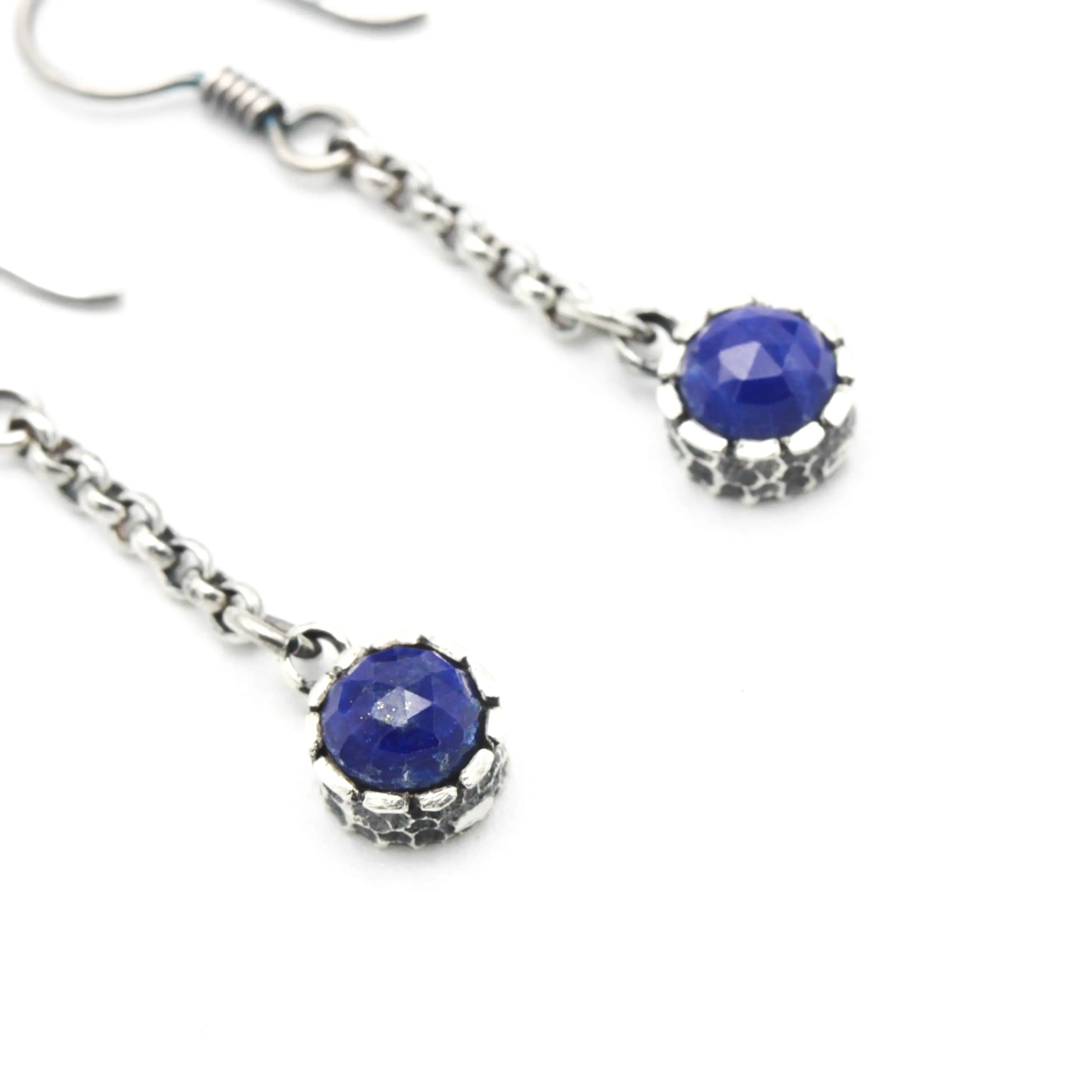 Round Lapis Lazuli earrings in silver bezel setting with silver chain and oxidized sterling silver hooks