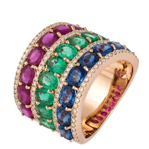 Ruby Sapphire Emerald Diamond Rose Gold 18K Three Stone Ring For Her
