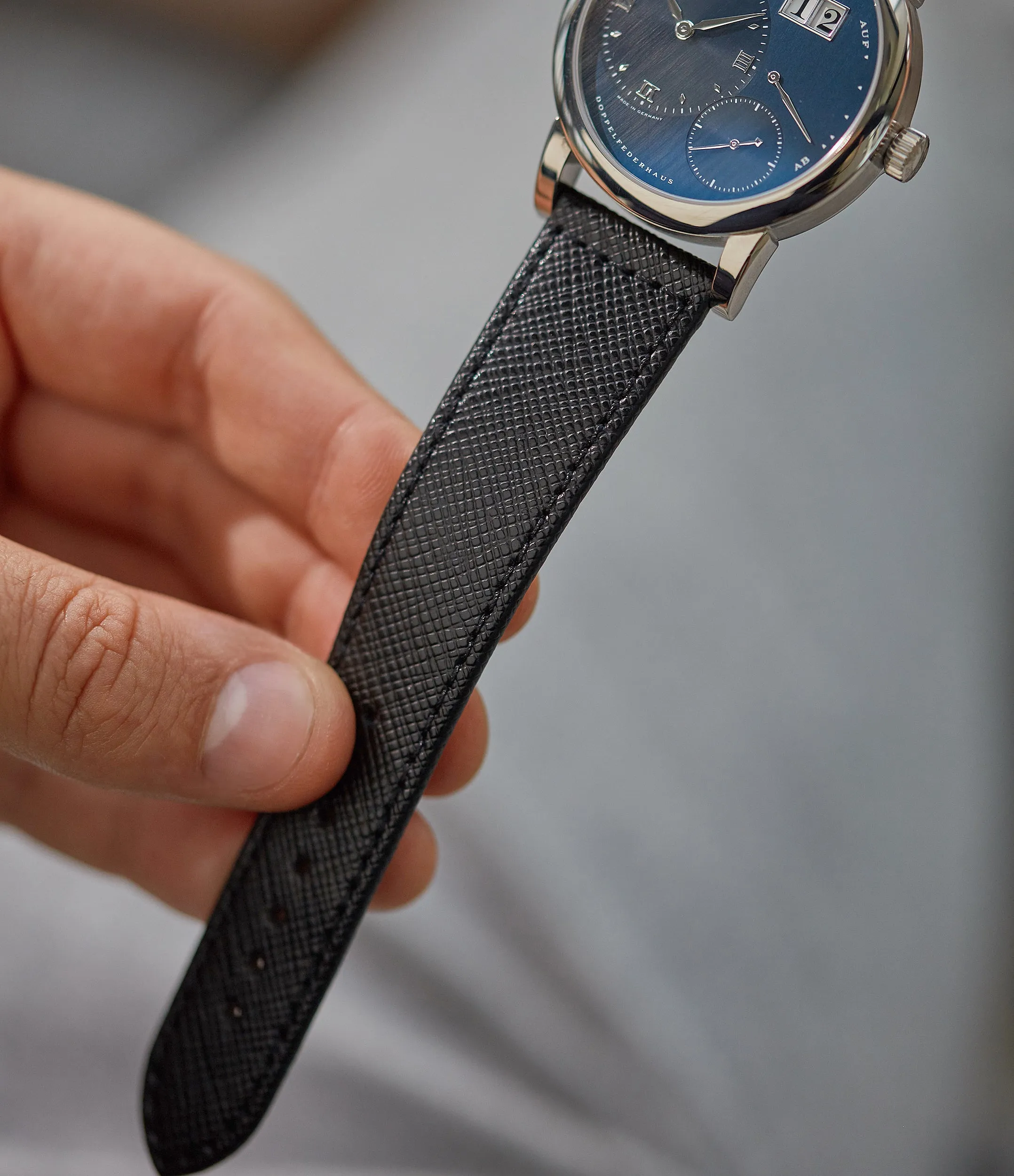 saffiano boxed stitch strap