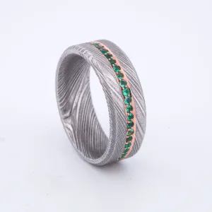 SALE RING -  Polished Damascus Steel, Rose Gold, & Emeralds - Size 10
