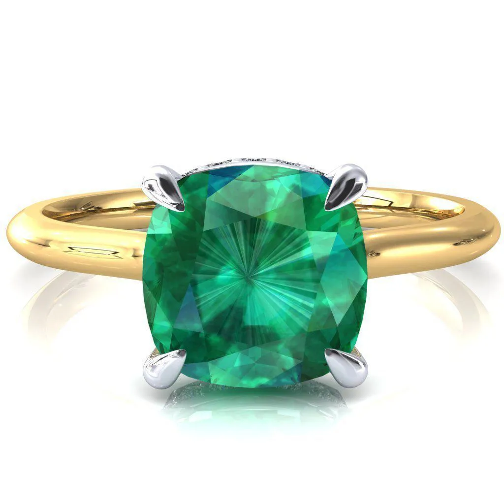 Secret Cushion Emerald 4 Prong Floating Halo Engagement Ring