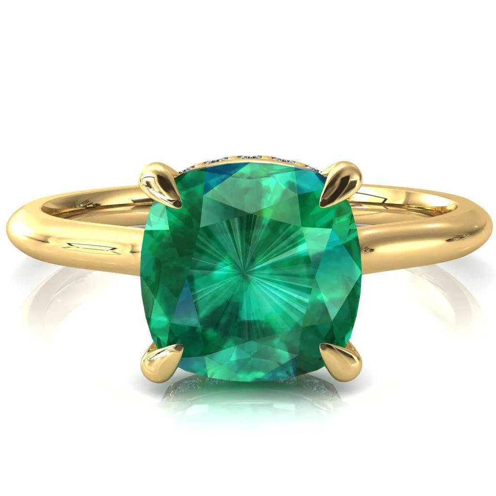 Secret Cushion Emerald 4 Prong Floating Halo Engagement Ring