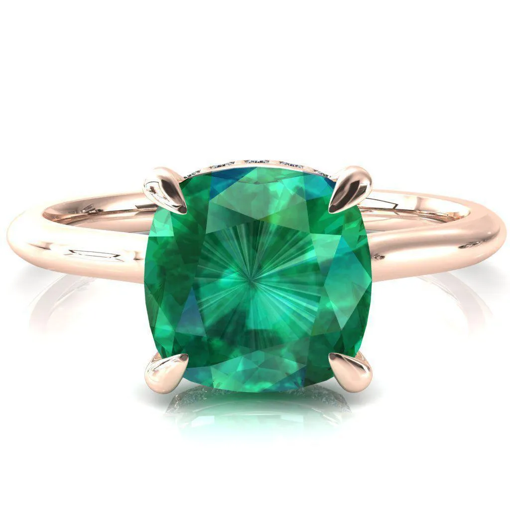 Secret Cushion Emerald 4 Prong Floating Halo Engagement Ring
