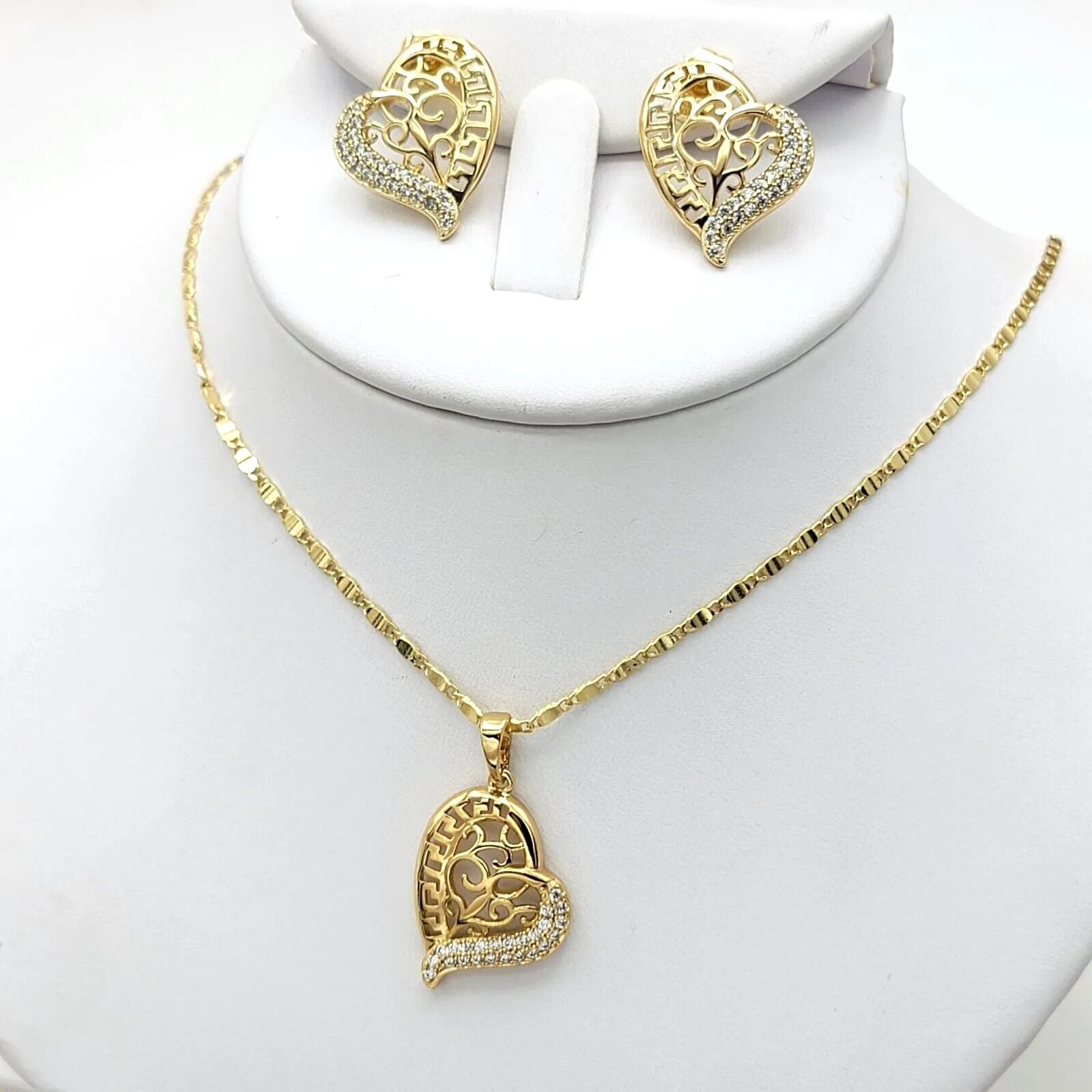 Sets - 14K Gold Plated. Heart Greek Design Crystals Pendant - Chain - Earrings Set