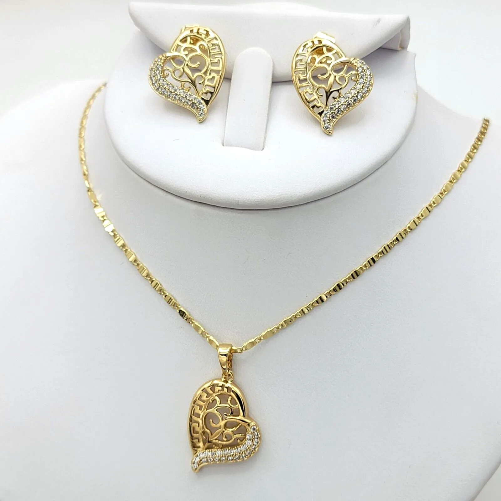 Sets - 14K Gold Plated. Heart Greek Design Crystals Pendant - Chain - Earrings Set
