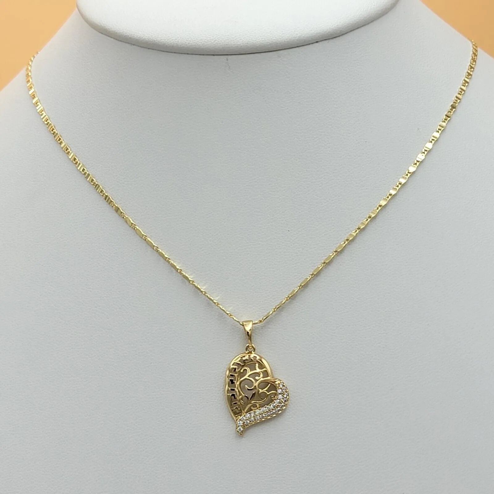 Sets - 14K Gold Plated. Heart Greek Design Crystals Pendant - Chain - Earrings Set