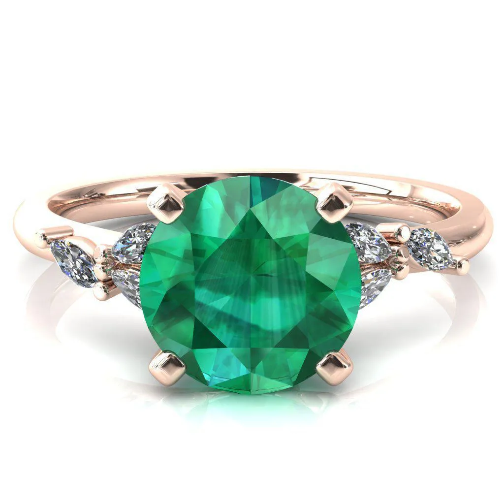 Sigrid Round Emerald 4 Prong Marquise Diamond Side  Ring
