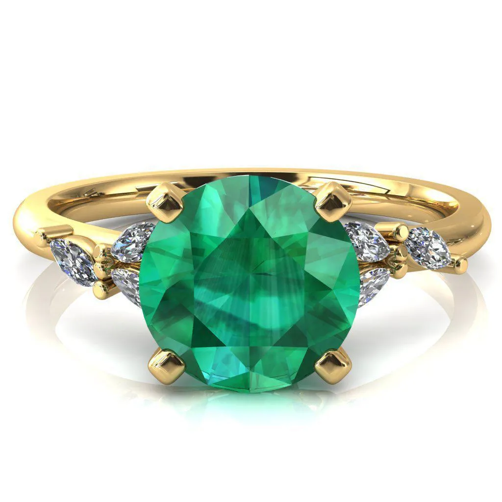 Sigrid Round Emerald 4 Prong Marquise Diamond Side  Ring