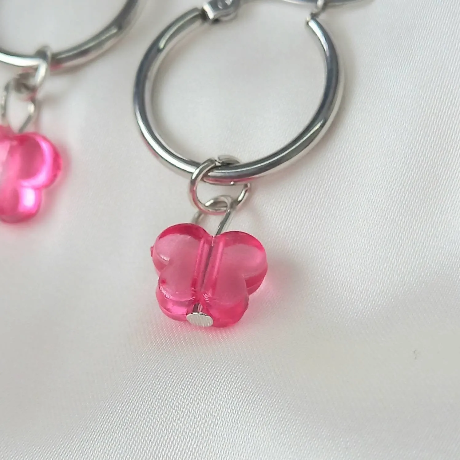 Silver & Pink Butterfly Hoop Earrings - Lightweight Hoop Earrings,Pink Butterfly Earrings,Hoop Earrings,Silver Earrings,Pink Bead Earrings