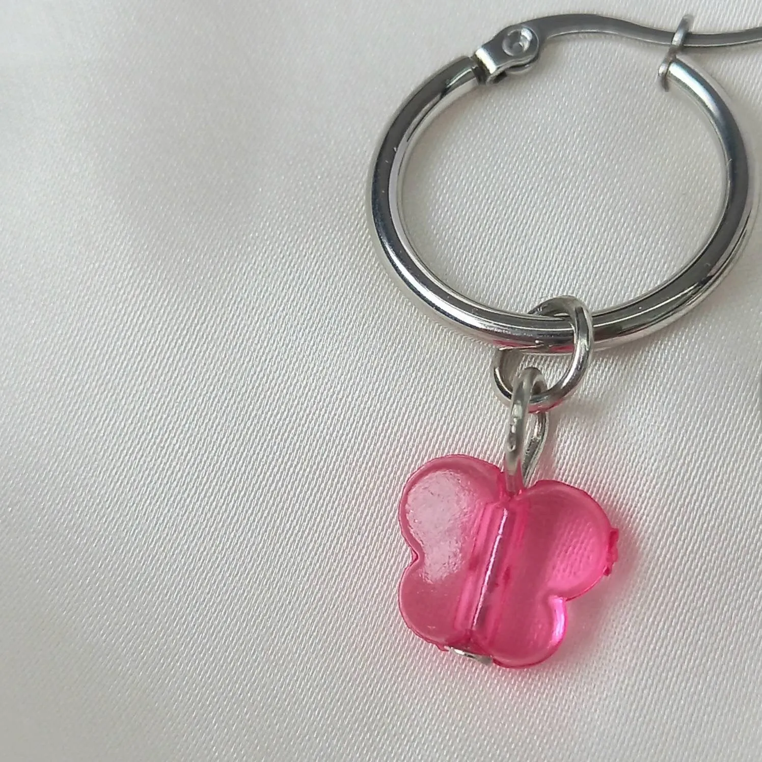 Silver & Pink Butterfly Hoop Earrings - Lightweight Hoop Earrings,Pink Butterfly Earrings,Hoop Earrings,Silver Earrings,Pink Bead Earrings