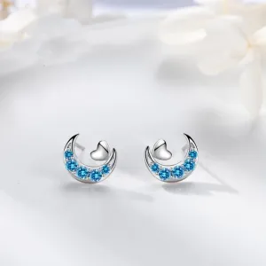 Silver Crescent Moon w/ Small Heart Stud Earrings-ECZ009