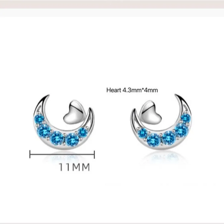 Silver Crescent Moon w/ Small Heart Stud Earrings-ECZ009