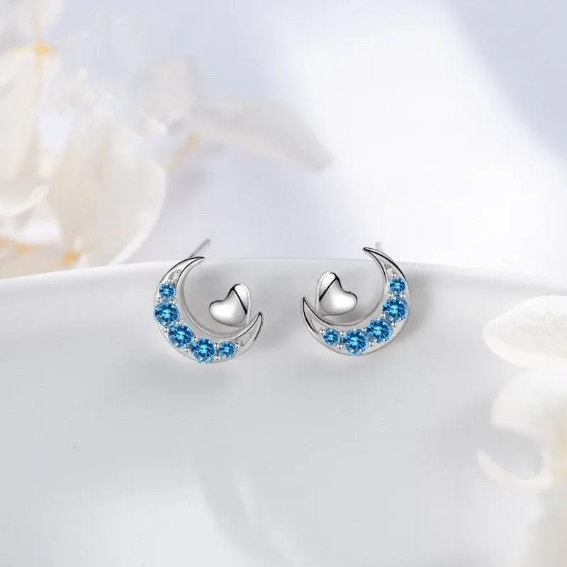 Silver Crescent Moon w/ Small Heart Stud Earrings-ECZ009