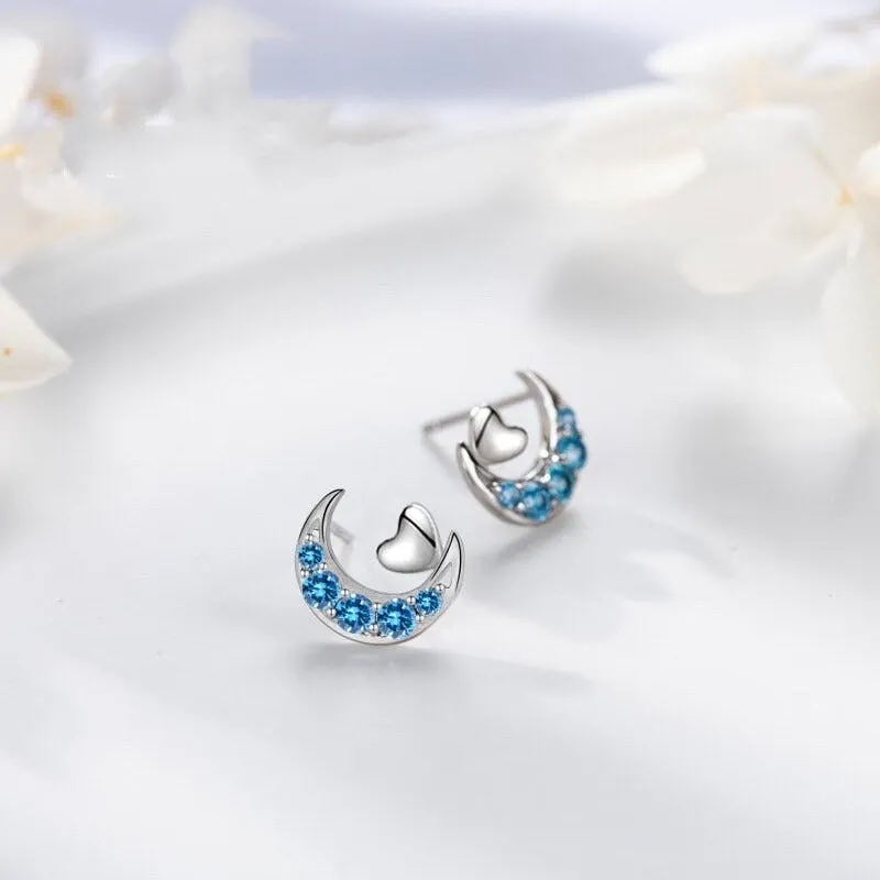 Silver Crescent Moon w/ Small Heart Stud Earrings-ECZ009