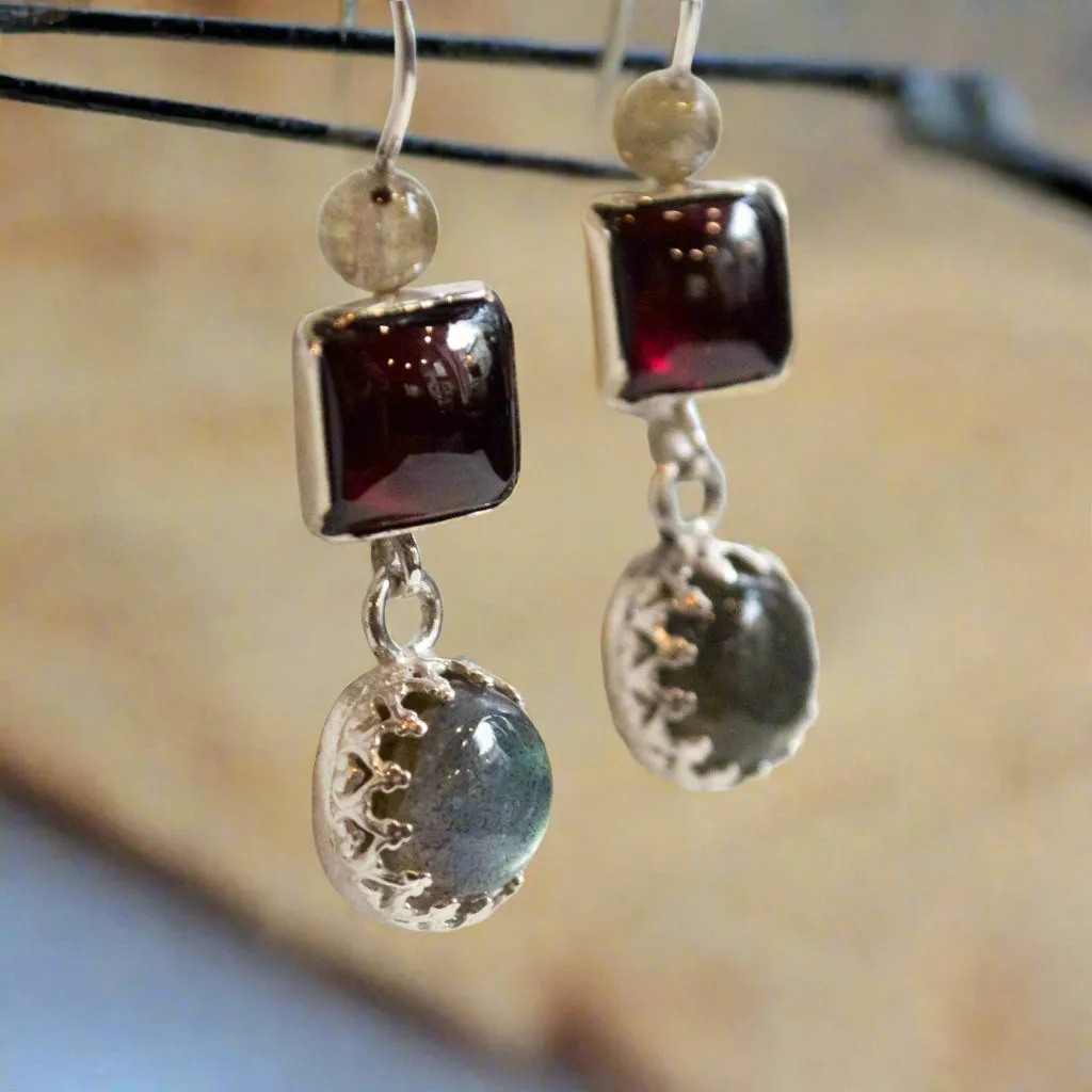 Silver Garnet Labradorite Earrings - Thoughtful.