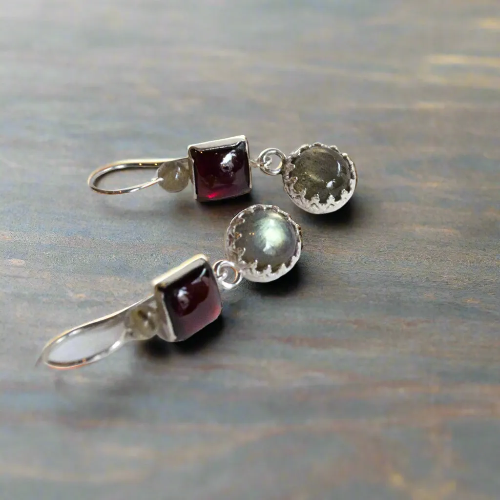 Silver Garnet Labradorite Earrings - Thoughtful.