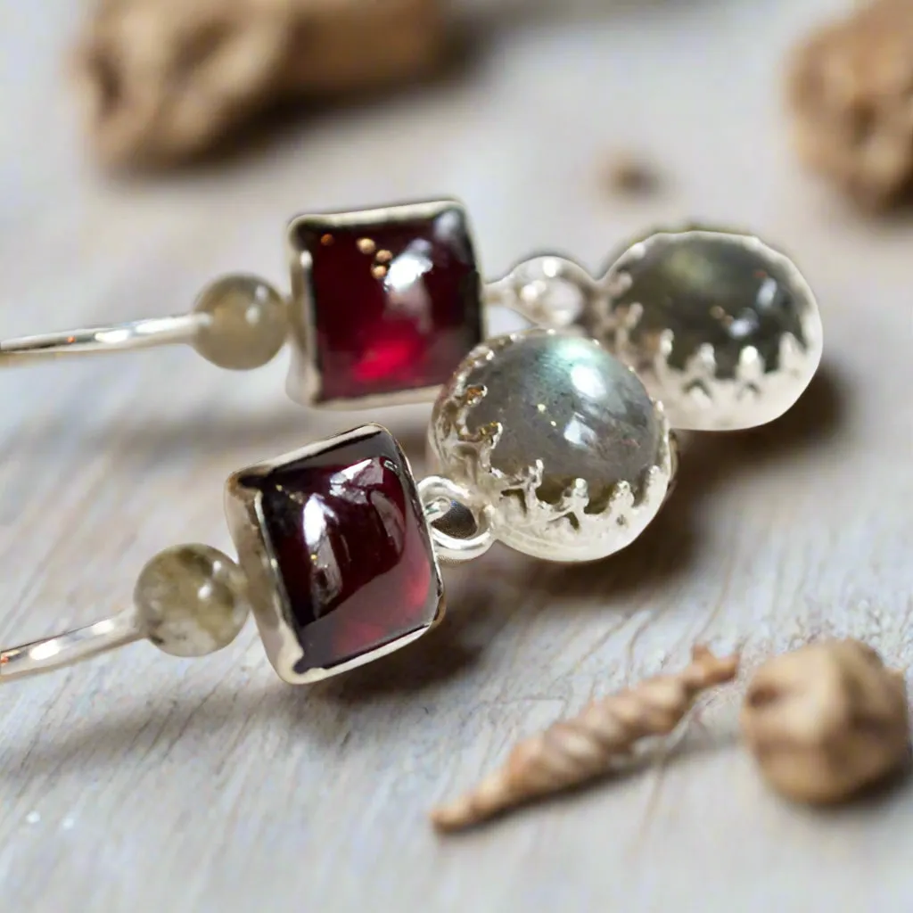 Silver Garnet Labradorite Earrings - Thoughtful.