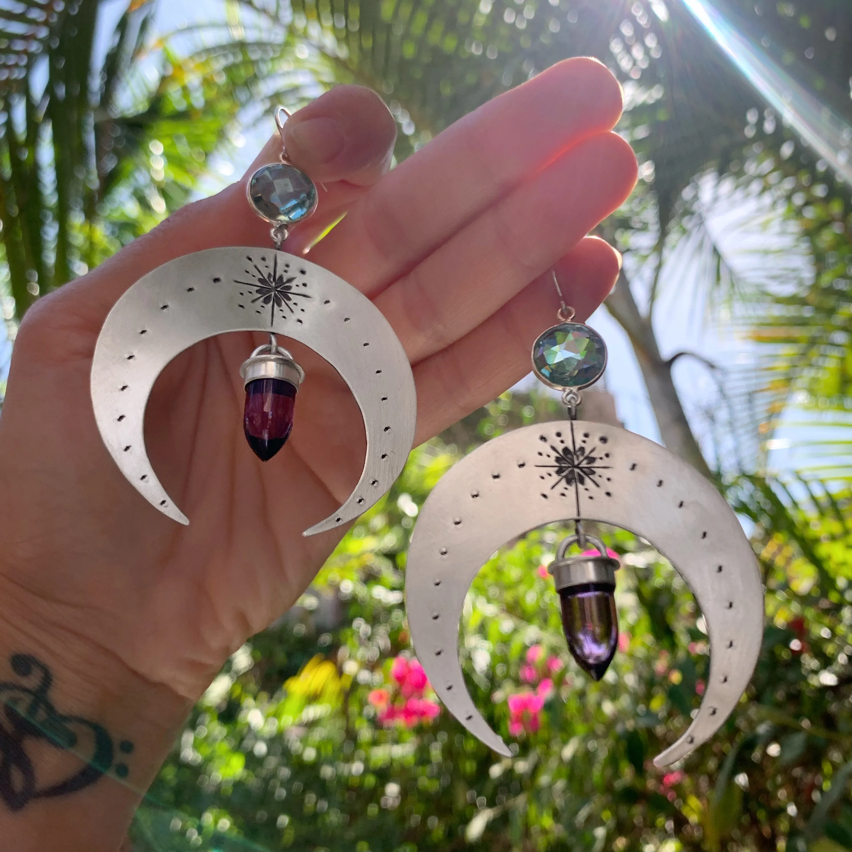 Silver moon earrings with aqua quartz & amethyst