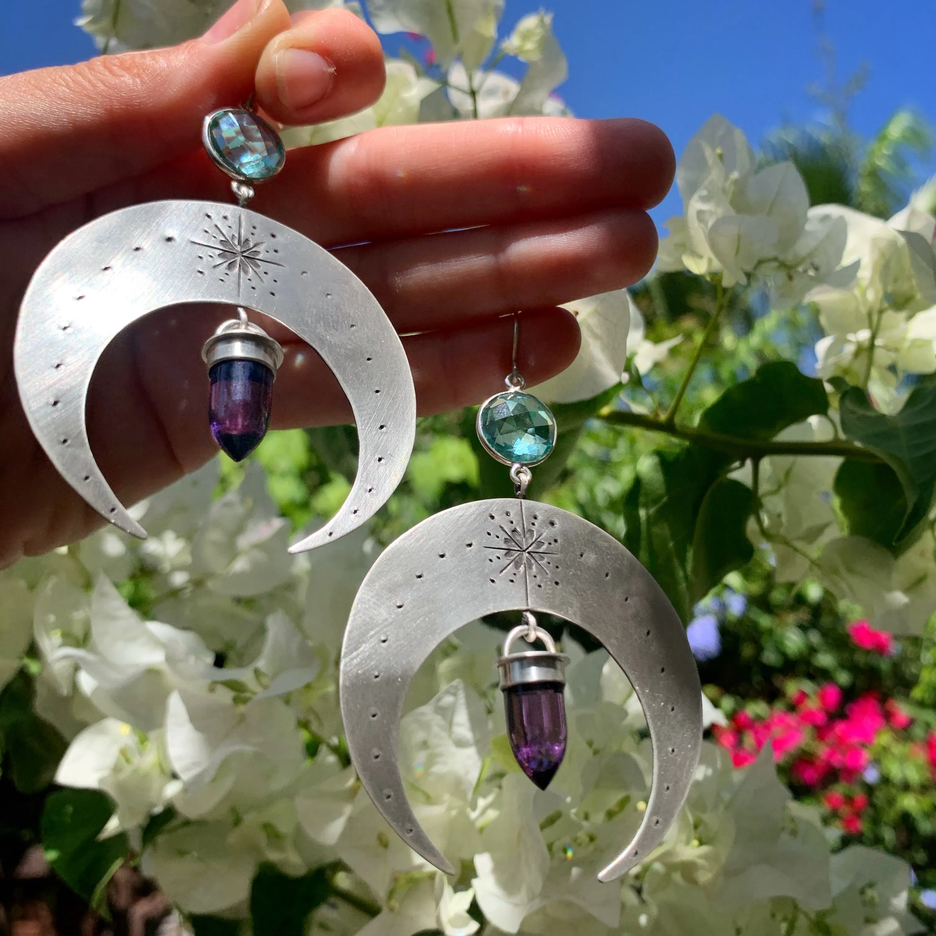 Silver moon earrings with aqua quartz & amethyst
