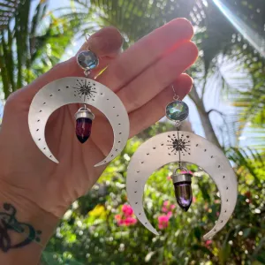 Silver moon earrings with aqua quartz & amethyst