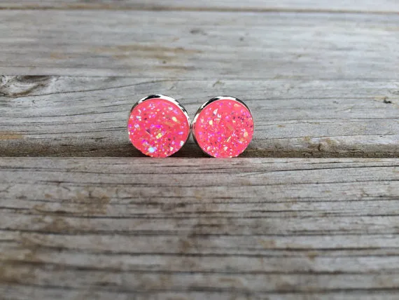 Silver Pink Druzy Stud Earrings