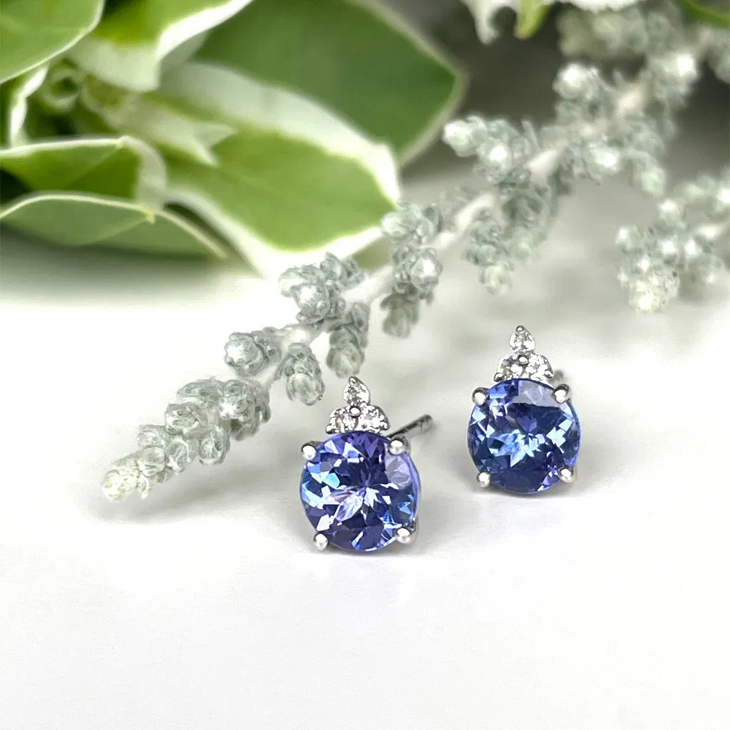Silver Round Cut Tanzanite with Trilogy Silver Topaz Highlight Earrings