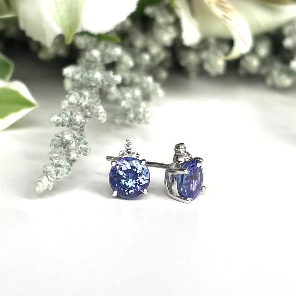 Silver Round Cut Tanzanite with Trilogy Silver Topaz Highlight Earrings