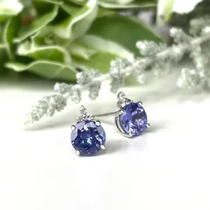 Silver Round Cut Tanzanite with Trilogy Silver Topaz Highlight Earrings