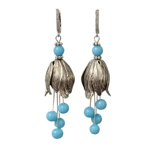 Silver Tulip Earrings with Sky Blue Bead  and Cubic Zirconia Hooks.