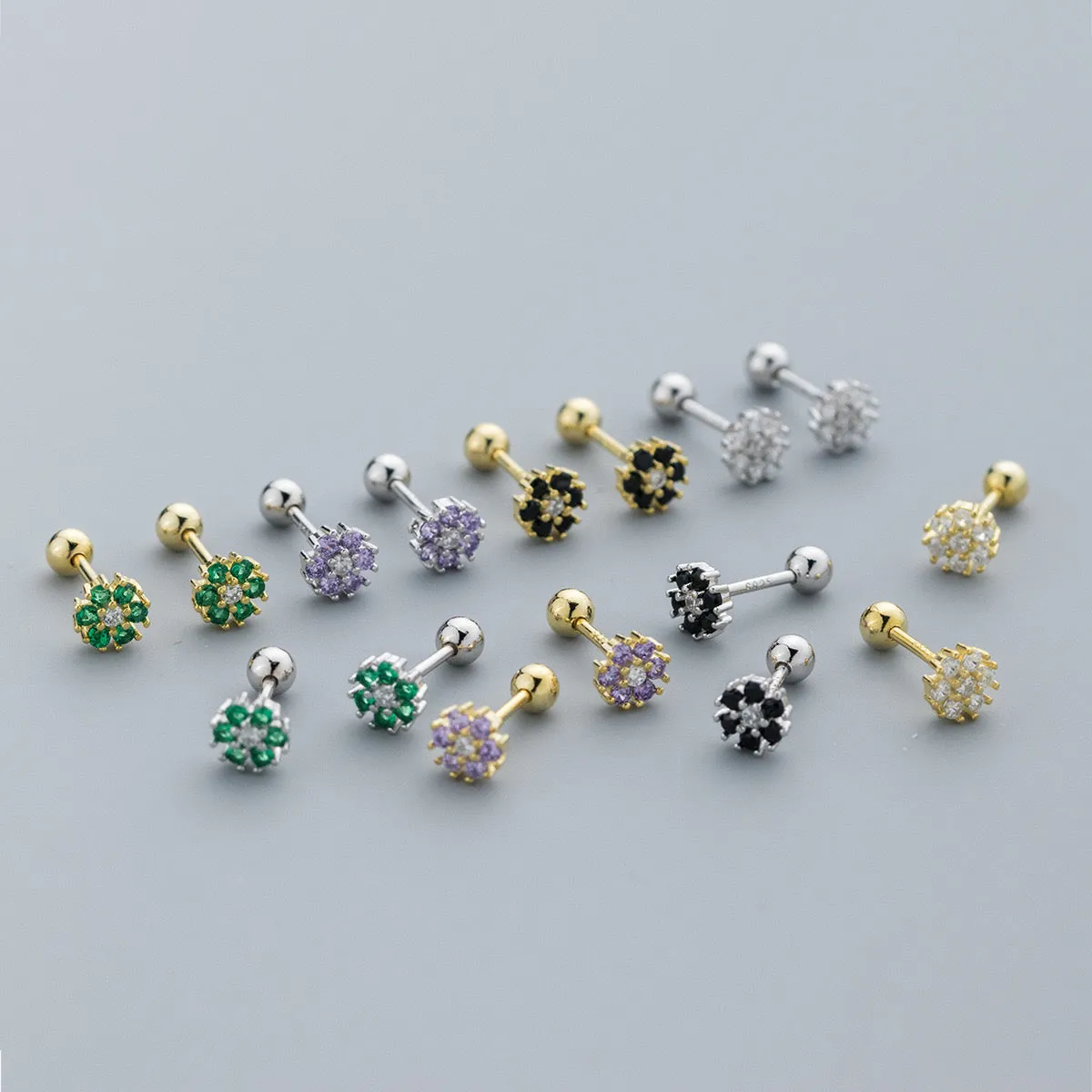 Small Flower Green/Purple/White/Black CZ Screw back Studs Earrings - ESB028