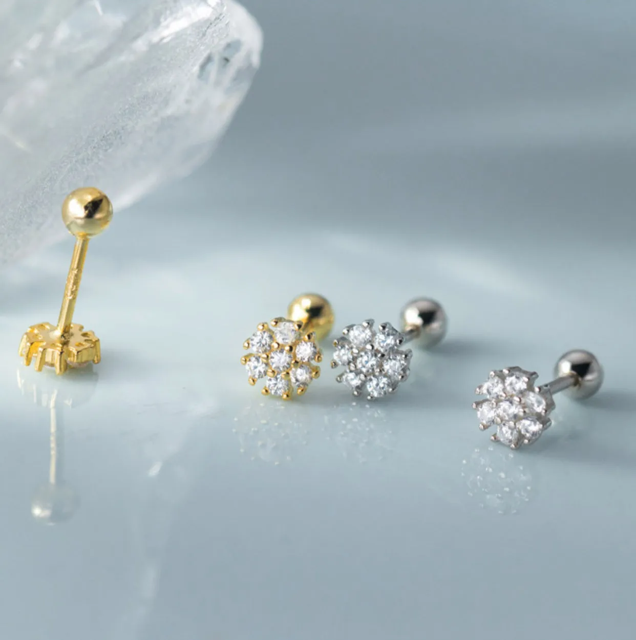 Small Flower Green/Purple/White/Black CZ Screw back Studs Earrings - ESB028