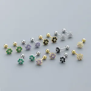Small Flower Green/Purple/White/Black CZ Screw back Studs Earrings - ESB028