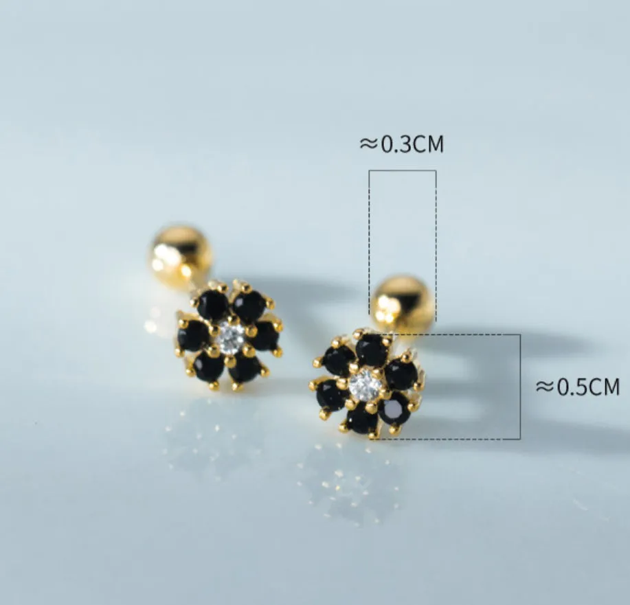Small Flower Green/Purple/White/Black CZ Screw back Studs Earrings - ESB028