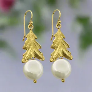 Solid Gold Leaf Pearl Earrings - Gentle Tide.