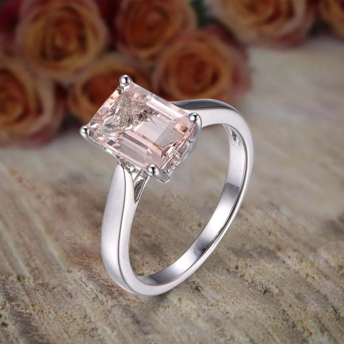 Solitaire 1.00 Carat Desinger Emerald Cut Peachy Pink Morganite Engagement Ring on 10k White Gold on Sale
