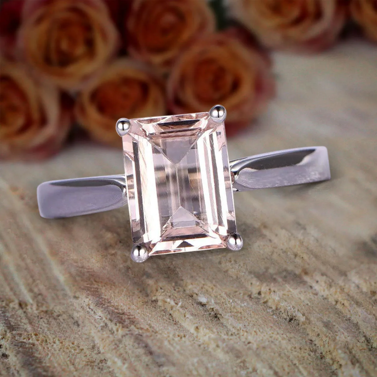 Solitaire 1.00 Carat Desinger Emerald Cut Peachy Pink Morganite Engagement Ring on 10k White Gold on Sale